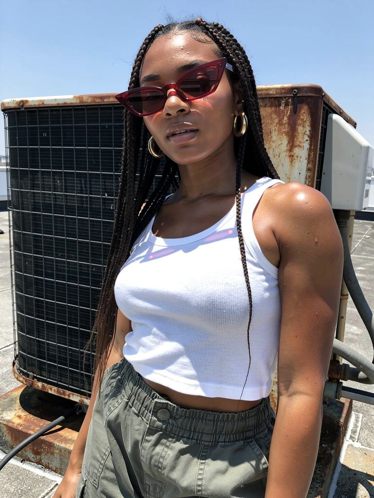 GXD DXMN Crimson Cat-Eye worn on a rooftop in midday sun