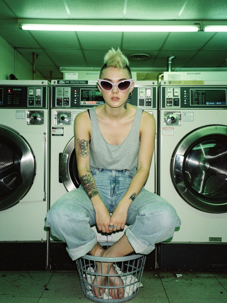 GXD DXMN Prism Cat-Eye in Lilac worn in a late-night laundromat