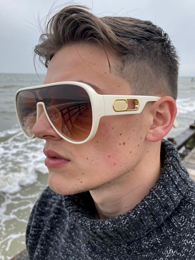 GXD DXMN Void Aviator in Amber worn on a concrete sea pier