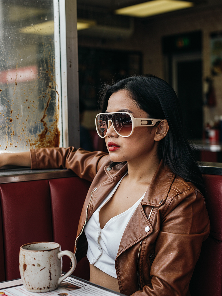 GXD DXMN Void Aviator in Amber worn in a diner booth