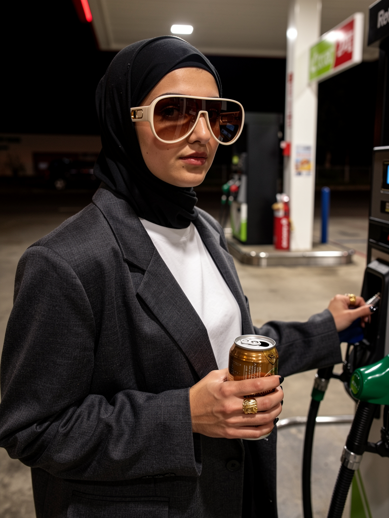 GXD DXMN Void Aviator in Amber worn on a petrol station forecourt at night